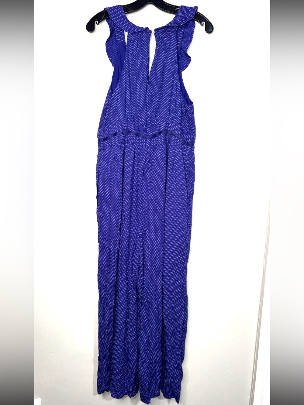 Anthropologie Maeve Ruffled Navy Blue Maxi Dress with Tiny White Dot Print - Picture 8 of 13